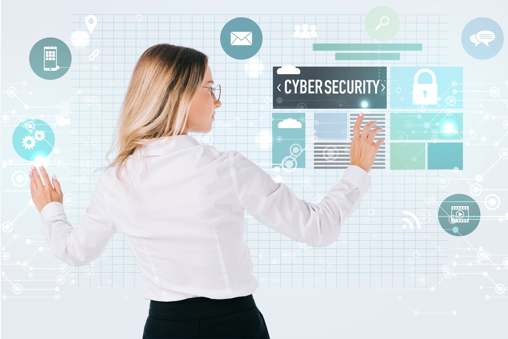 Cloud Security with TRaViS ASM: Securing Cloud-Based Assets with Advanced Protection Tools Person interacting with a virtual cloud security interface, showcasing TRaViS ASM cloud security features.