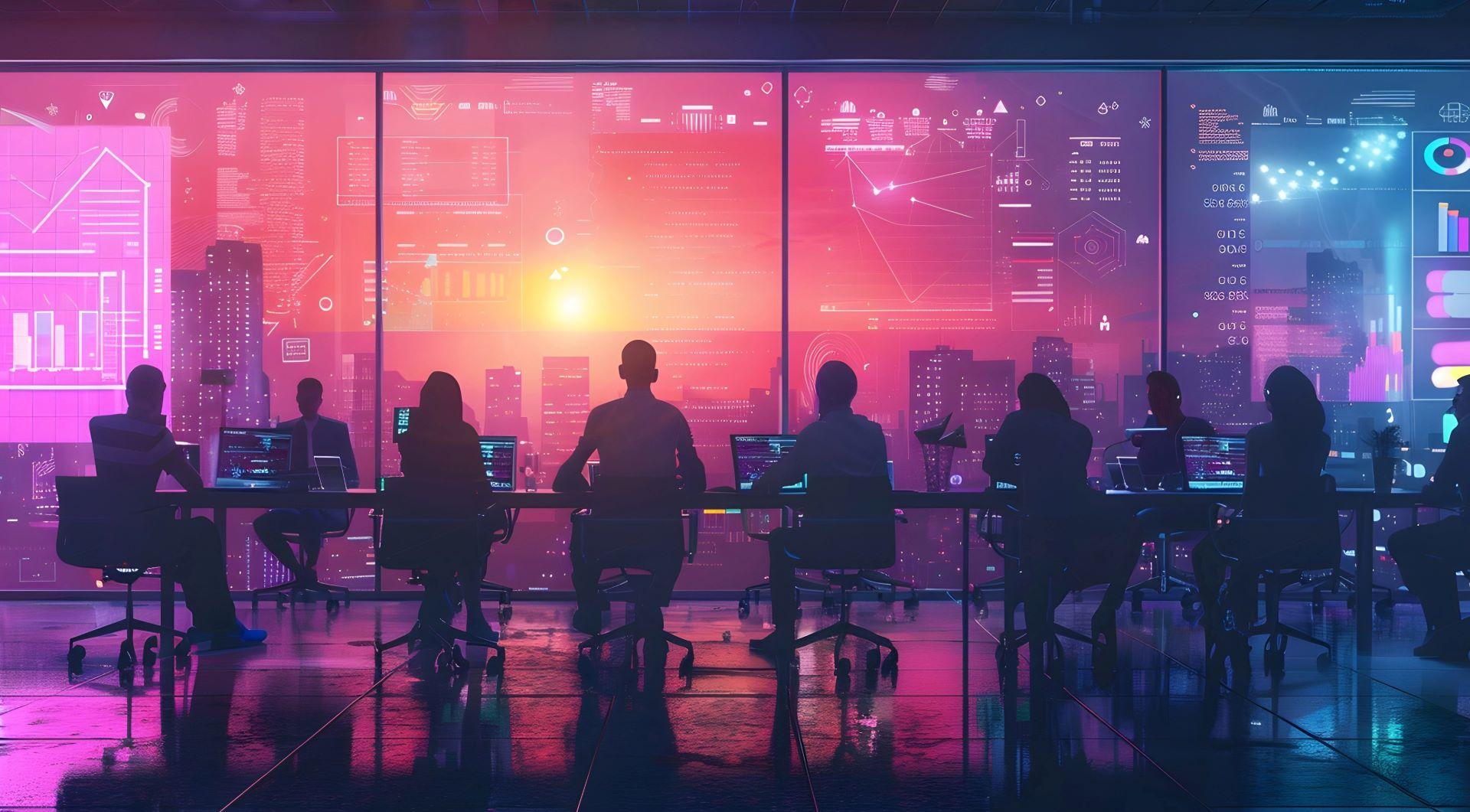 A tech startup team collaborating in a modern office with digital data visuals on large screens, symbolizing efforts to enhance investor confidence through technology