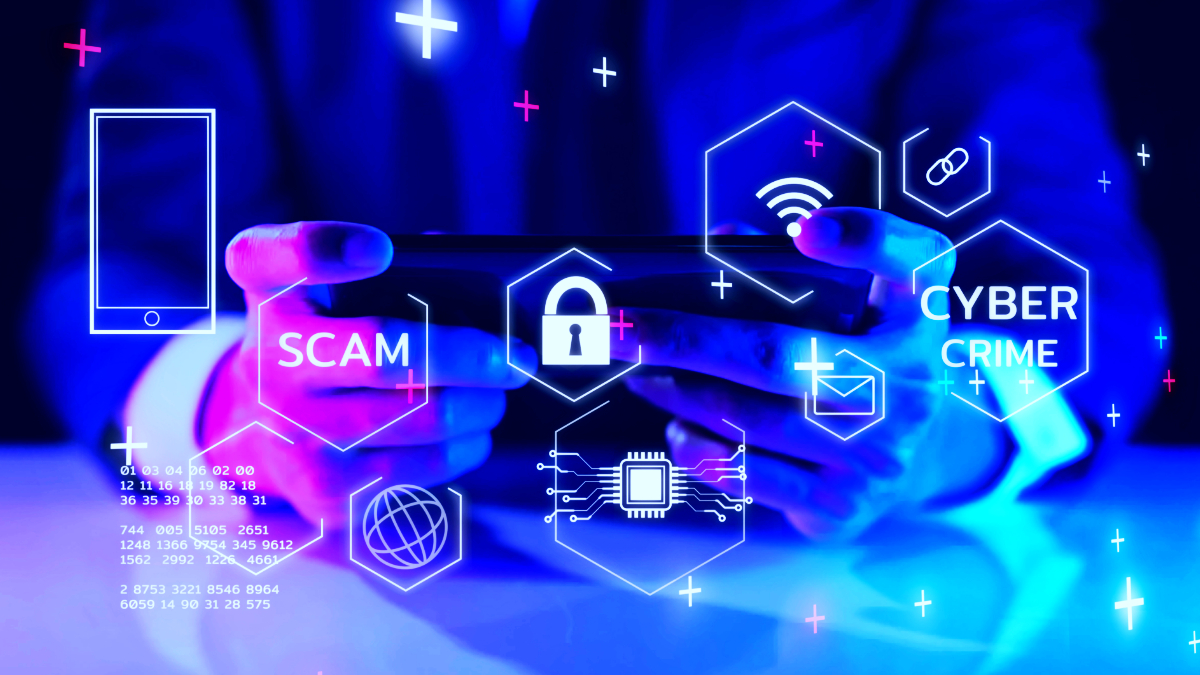 Visual representation of External Attack Surface Management (EASM) showcasing cybersecurity protection, with icons for scams, cybercrime, and digital asset monitoring like IP addresses and APIs.