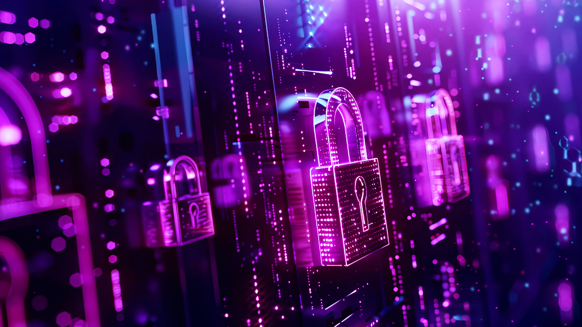 Visual representation of Attack Surface Management (ASM) with TRaViS ASM, showing glowing lock icons symbolizing cybersecurity for internal and external digital assets.