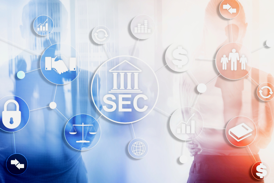 SEC logo surrounded by digital icons representing cybersecurity and transparency, highlighting SEC penalties for cybersecurity reporting failures.