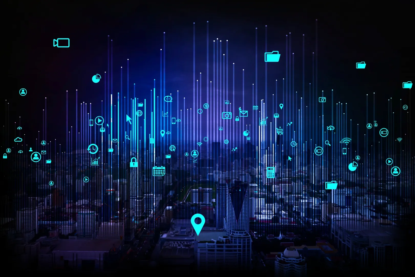 Digital cityscape overlaid with icons representing cloud data, applications, and assets—illustrating the importance of Attack Surface Management in uncovering hidden risks.