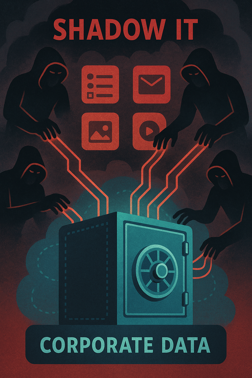  Illustration of hooded figures stealing corporate data through unprotected shadow APIs and apps, highlighting cybersecurity risks like data exfiltration and unauthorized access.