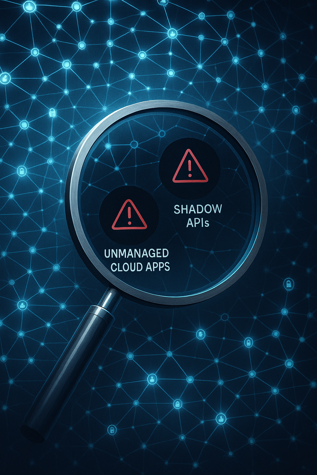  Magnifying glass revealing warning signs for unmanaged cloud apps and shadow APIs over a digital network background, symbolizing hidden cybersecurity risks.