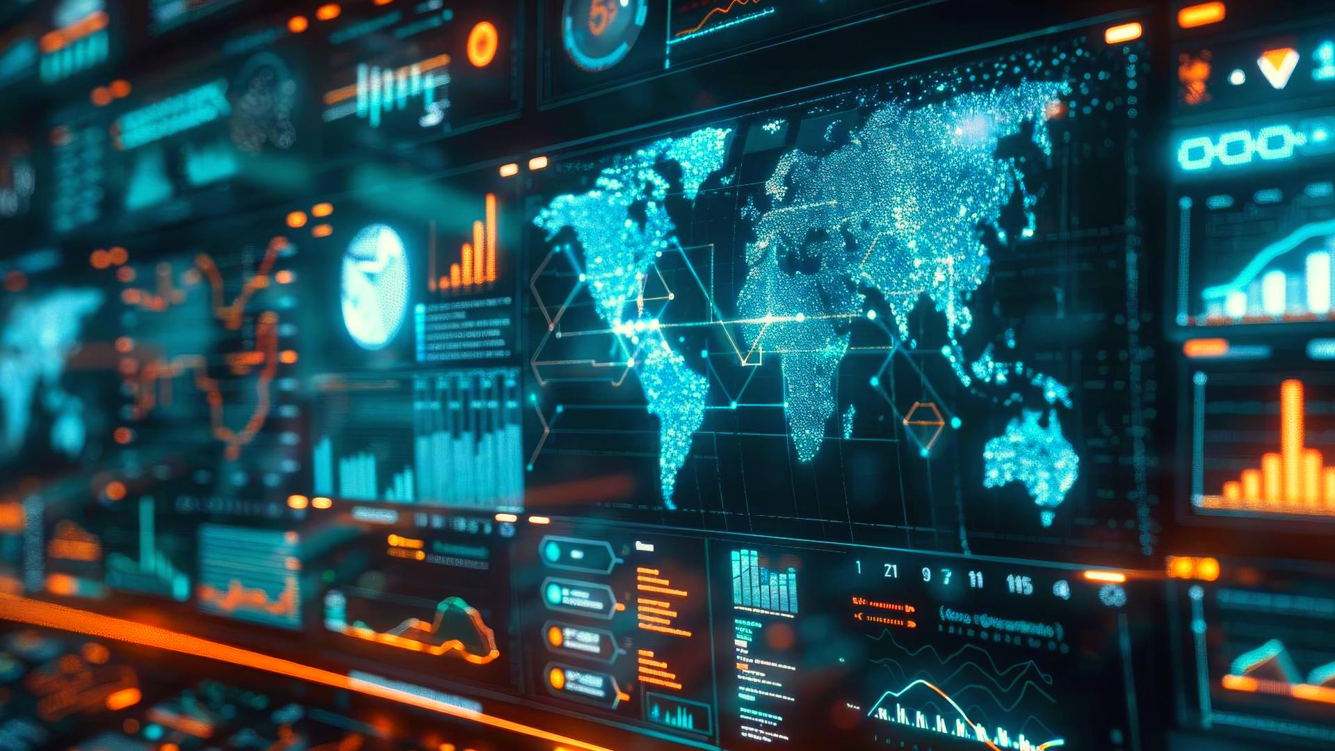 Digital world map and cybersecurity dashboards visualizing global attack surface data, representing how TRaViS ASM identifies and monitors external security risks.