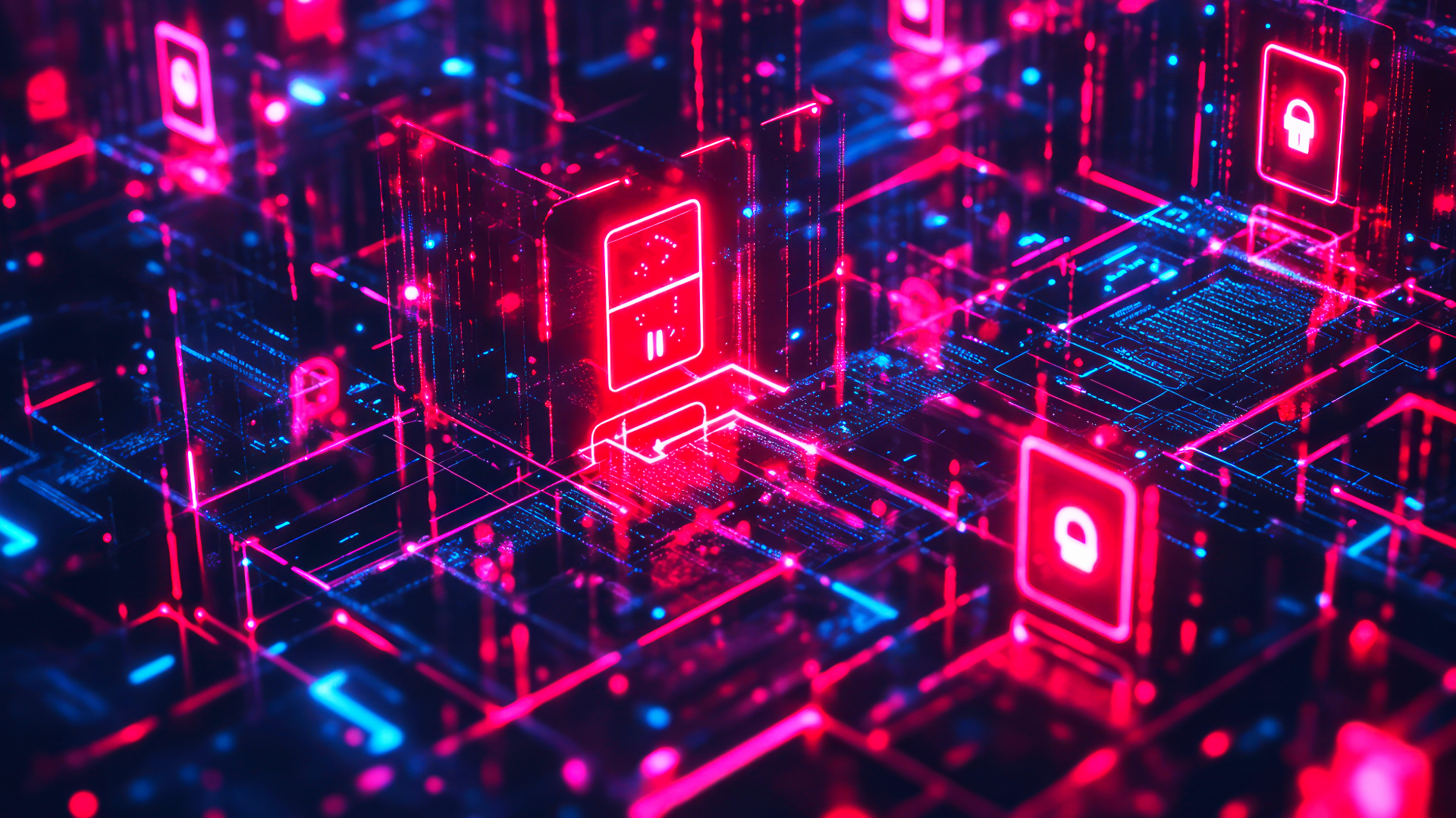 Visual of glowing digital locks and data grids symbolizing cybersecurity threats like phishing sites and mimic domains—representing TRaViS ASM’s threat detection in 2025.