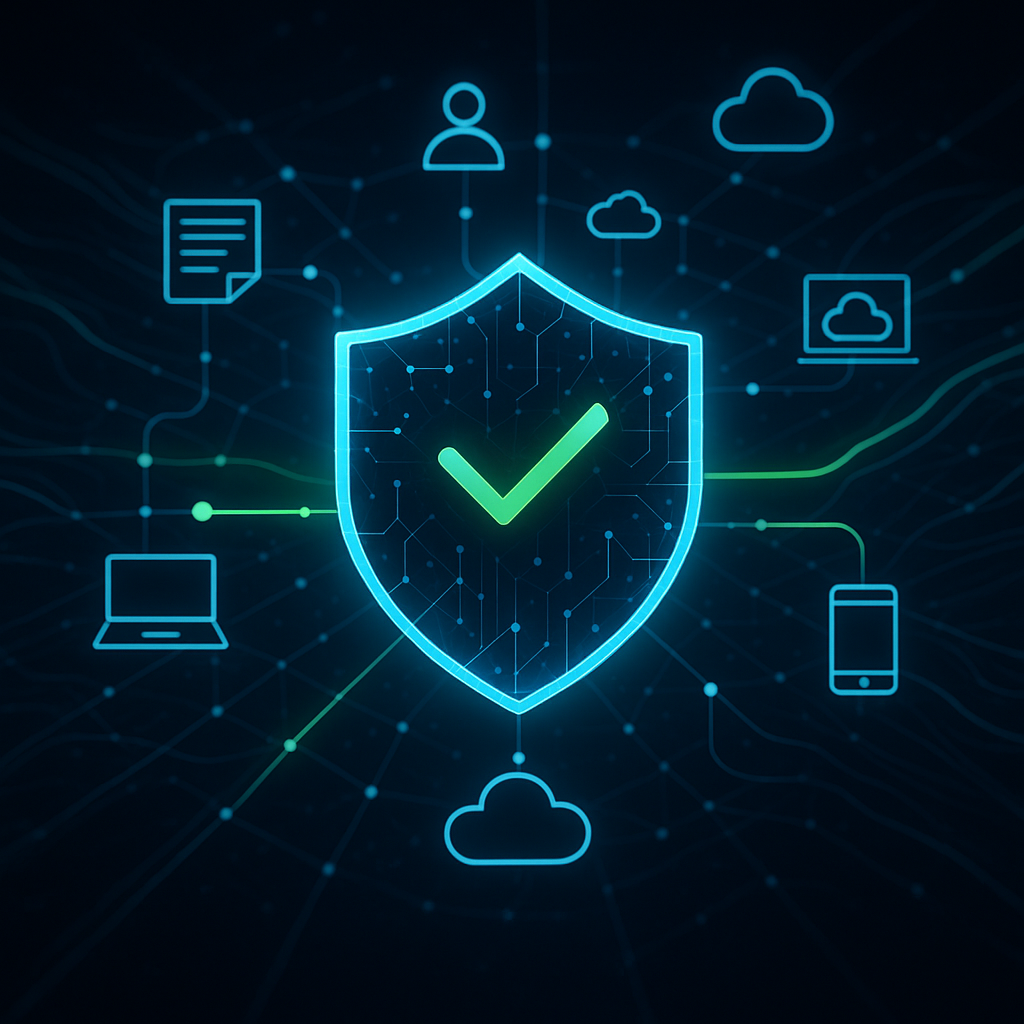 Glowing digital shield with checkmark surrounded by cloud, mobile, and network icons representing the security benefits of Zero Trust Architecture