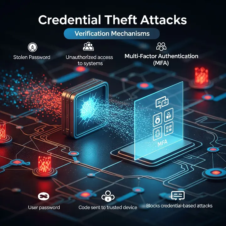 Credential theft attack infographic showing MFA, user passwords, unauthorized access, and secure verification mechanisms in a digital environment