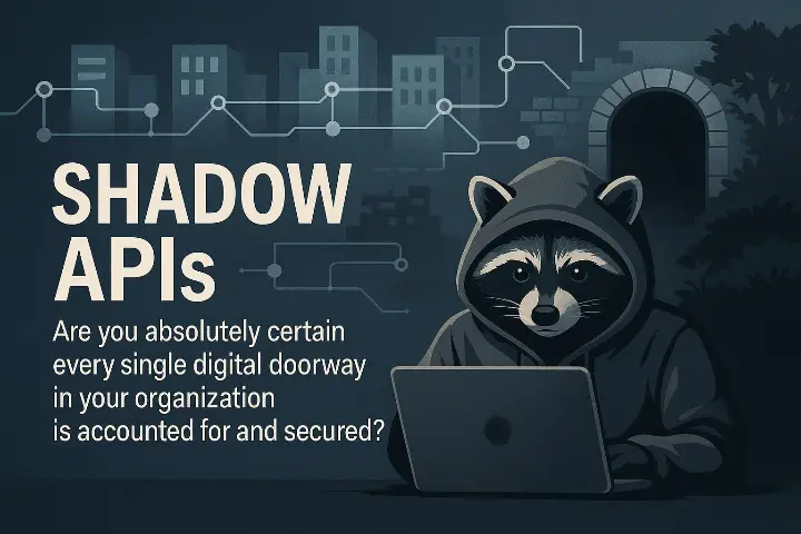  Cybersecurity raccoon in hoodie at laptop with digital city backdrop illustrating hidden Shadow APIs and unsecured endpoints.