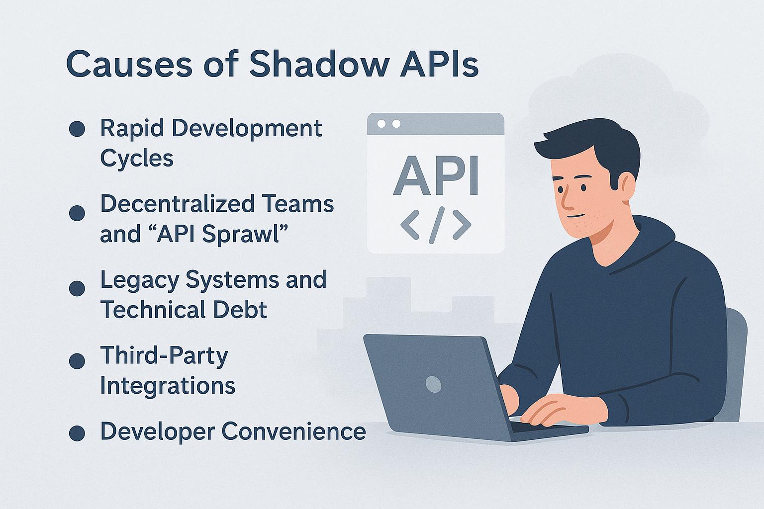  Illustration of a developer at a laptop with a list of Shadow API causes including rapid DevOps, decentralized teams, technical debt, and third-party APIs.