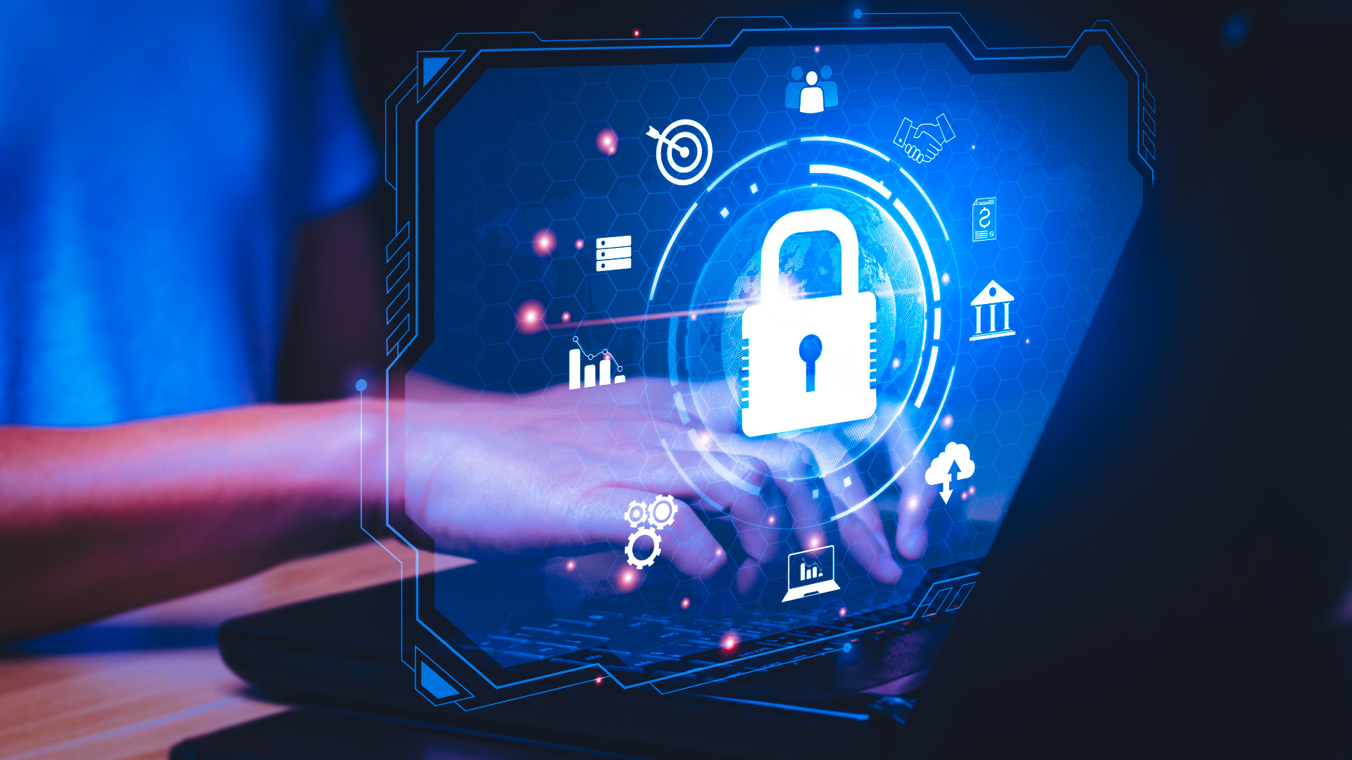 TRaViS ASM visualizes Zero Trust Architecture using NIST guidance for secure digital environments. Person typing with padlock and cybersecurity icons.