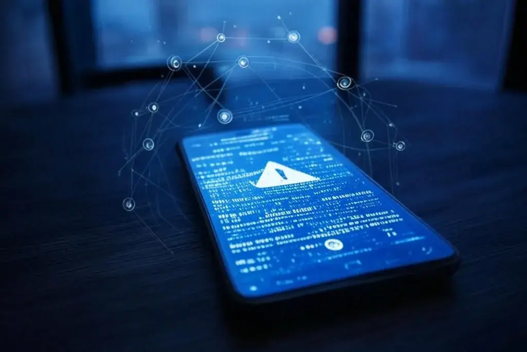 Mobile device with cybersecurity alert icon surrounded by digital nodes, representing threat intelligence in TRaViS ASM's External Attack Surface Management