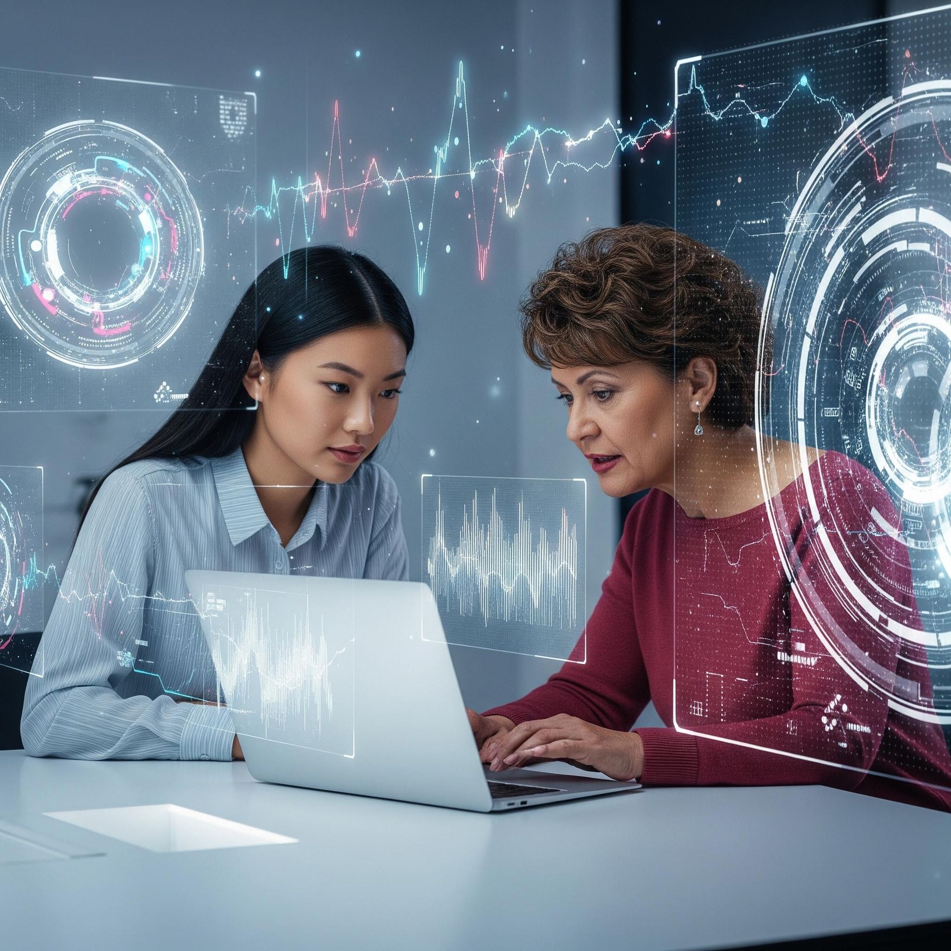 Here are the Odoo17 SEO Alt Tag and Title tag suggestions based on your requirements:  **Alt Tag Suggestion:** `Two women discussing external attack surface management (EASM) solutions on a laptop with holographic cyber threat data.`  **Title Tag Suggestion:** `External Attack Surface Management (EASM) Solutions`