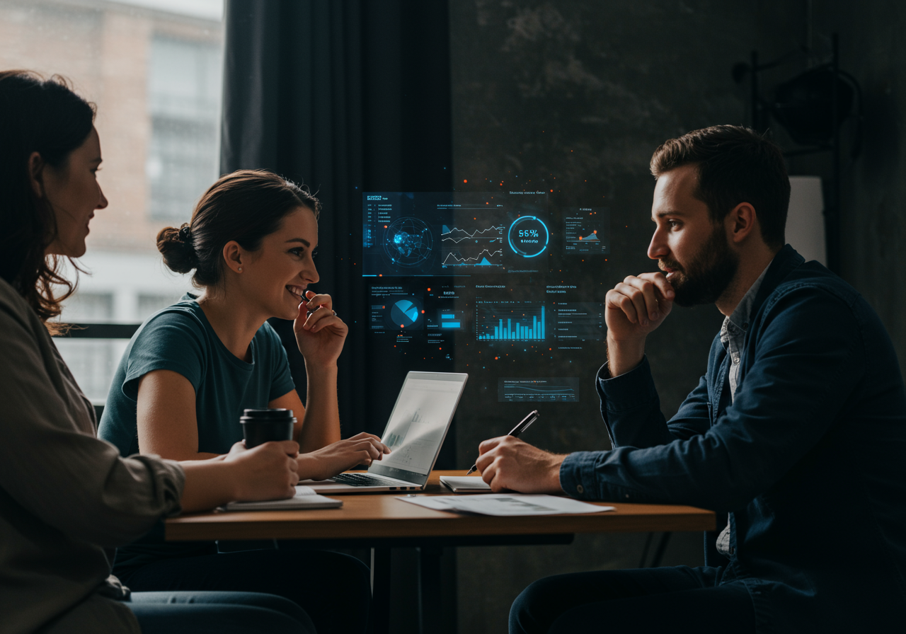 TRaViS ASM can help with your dark web breach prevention approach. Image of humans sitting around table discussing how TRaViS fits into their cybersecurity strategy.