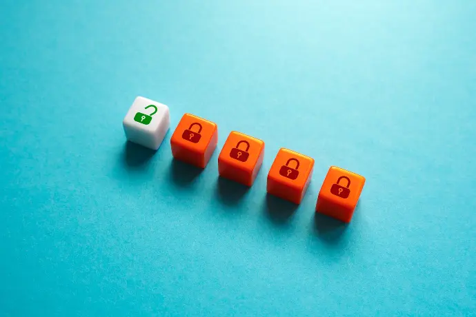 Image of five cubes with lock icons on a blue background.